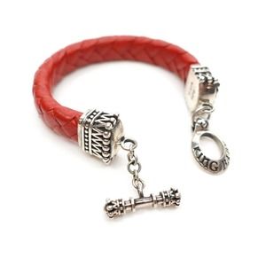 King Baby Studios Small Red Leather Braid With Crowns Toggle Fine Silver .925